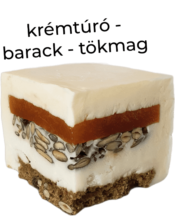 Ekubo Cake design krémtúró - barack - tökmag választható torta íz egy felvágott tortaszeleten megmutatva